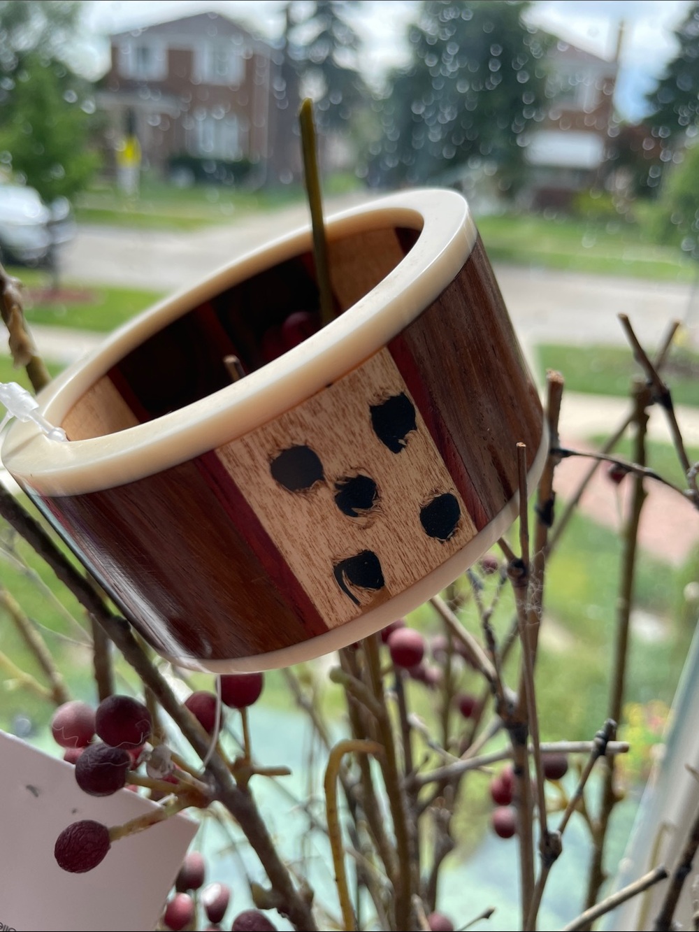 Handcrafted Brown and Cream Wooden Inlay Bangle Bracelet